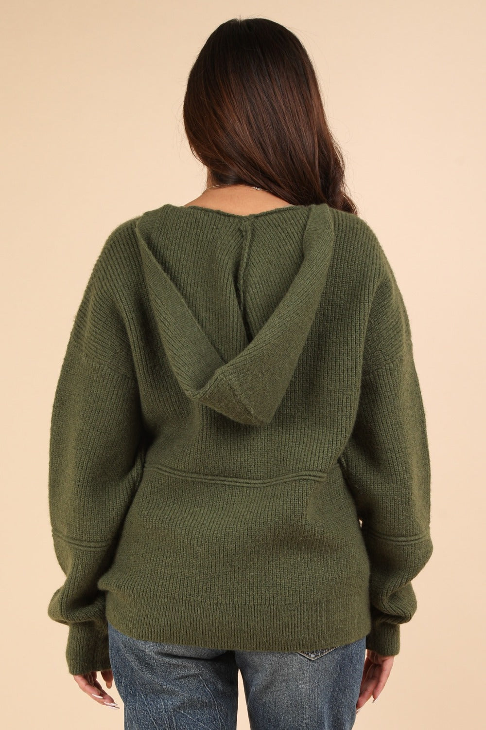 VERY J Keep It Comfy Seam Detail Drop Shoulder Hooded Sweater in Olive