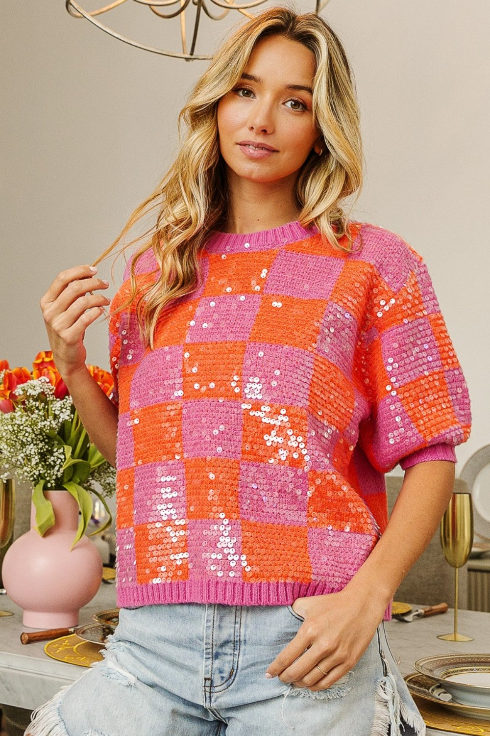 BiBi All Night In Sequin Checkered Short Sleeve Sequin Sweater