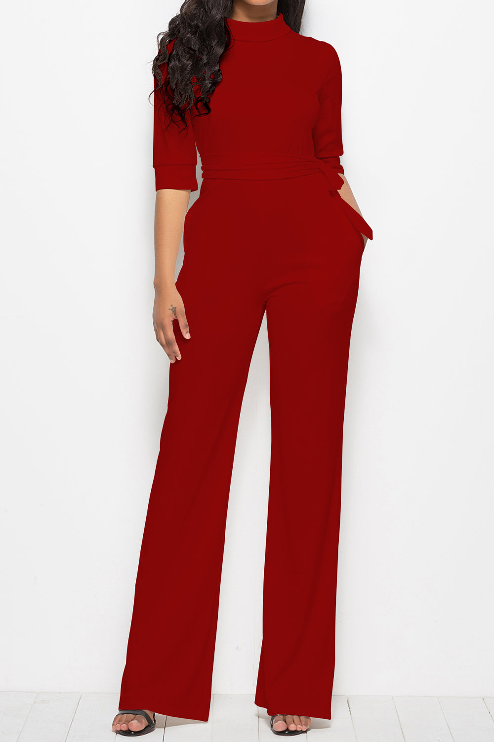 Driven Mock Neck Tie-Waist Half Sleeve Jumpsuit with Pockets