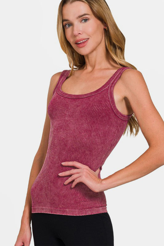 Zenana Chance Of Sun Ribbed Scoop Neck Tank in Burgundy