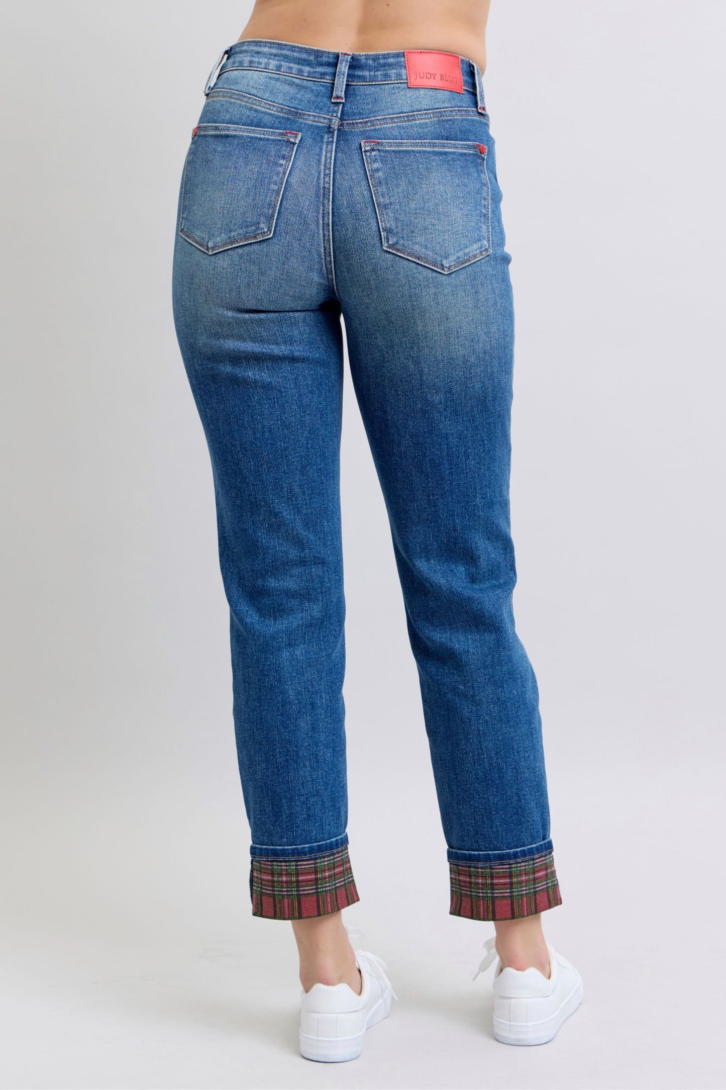 Judy Blue Julia Plaid Print Cuff Straight Leg Jeans with Pockets