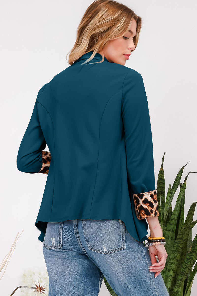 Celeste Conquer Yourself Rolled Leopard Cuff Open Front Blazer in Hunter Green