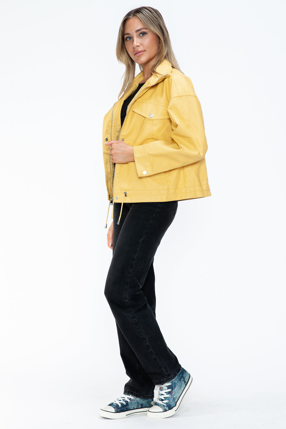 How Dare U My Favorite Layer Drawstring Hem PU Leather Zip Up Jacket in Pale Yellow