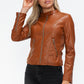 Snobbish Embrace The Day Faux Leather Zip Up Drawstring Hooded Jacket in Camel