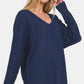 Zenana By The Fire High-Low Center Seam V-Neck Sweater in Dark Navy