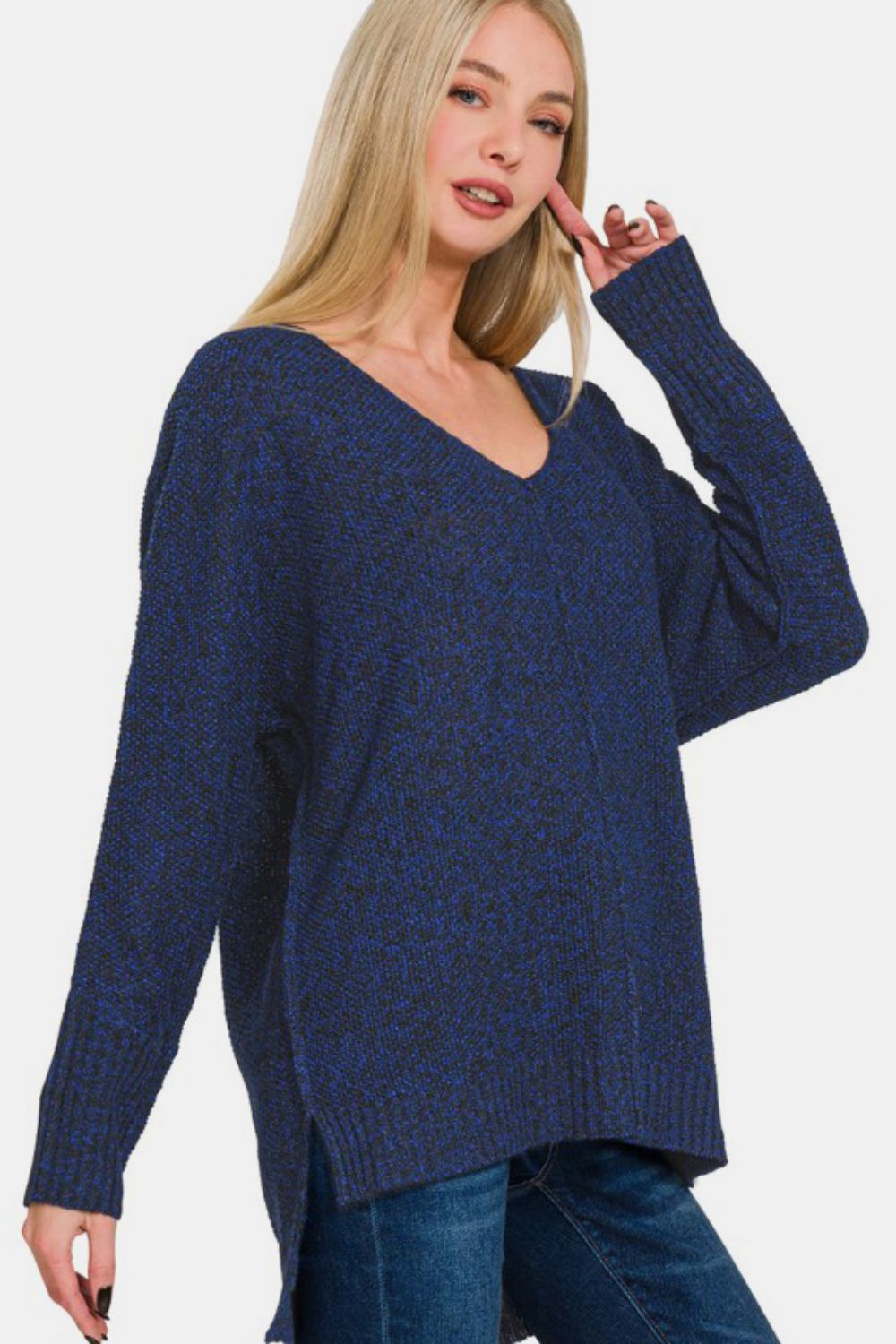 Zenana By The Fire High-Low Center Seam V-Neck Sweater in Dark Navy