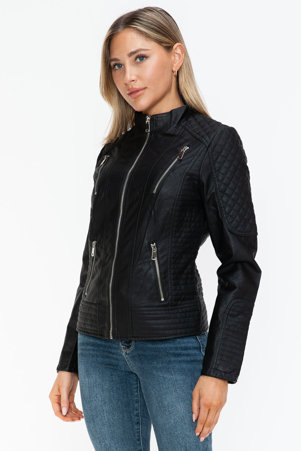 Snobbish Ready To Own The Night Faux Leather Zip Up Mock Neck Jacket in Black