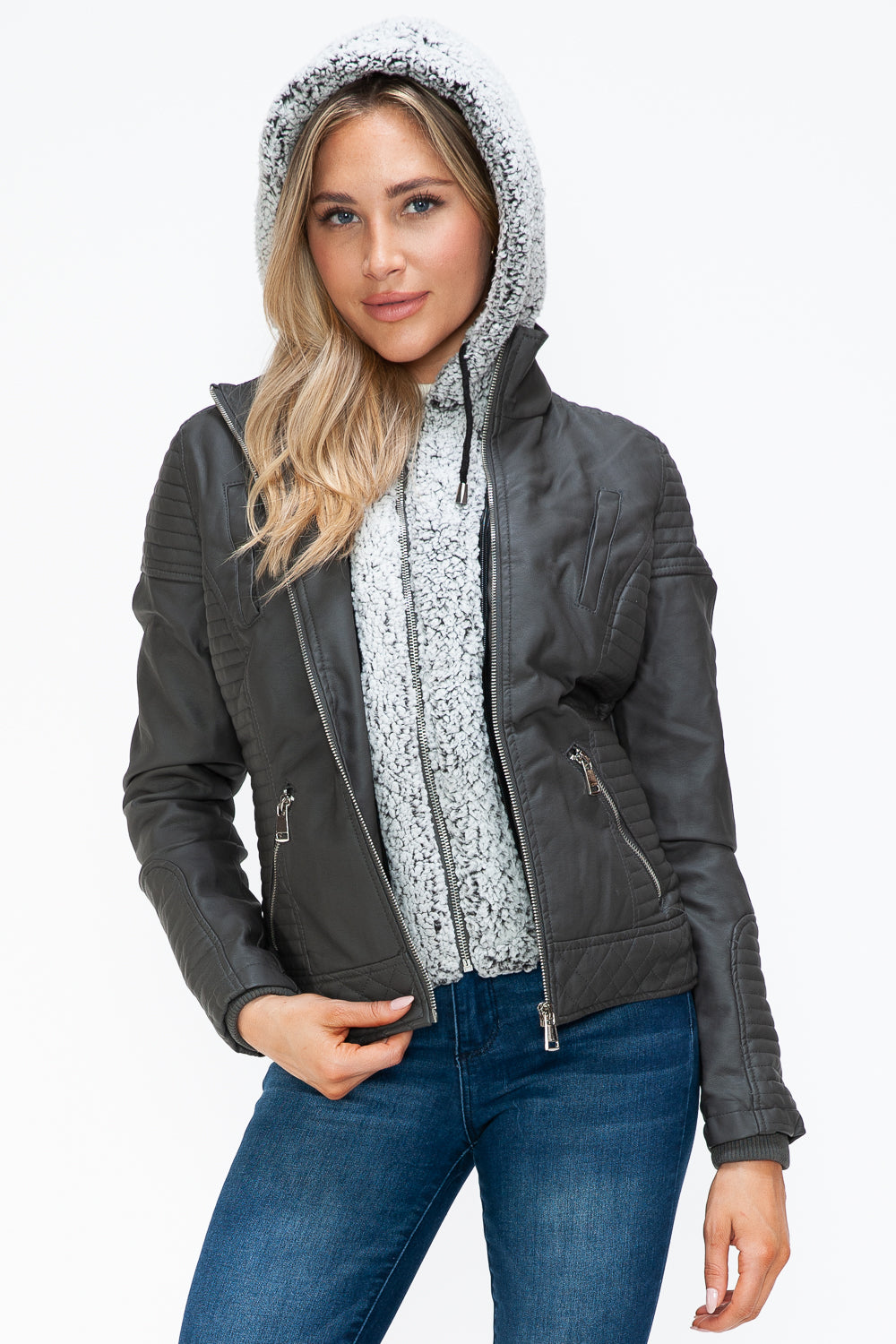 YMI Fuzzy Feels Faux Layered Double-Zipper Jacket with Fuzzy Hood in Charcoal