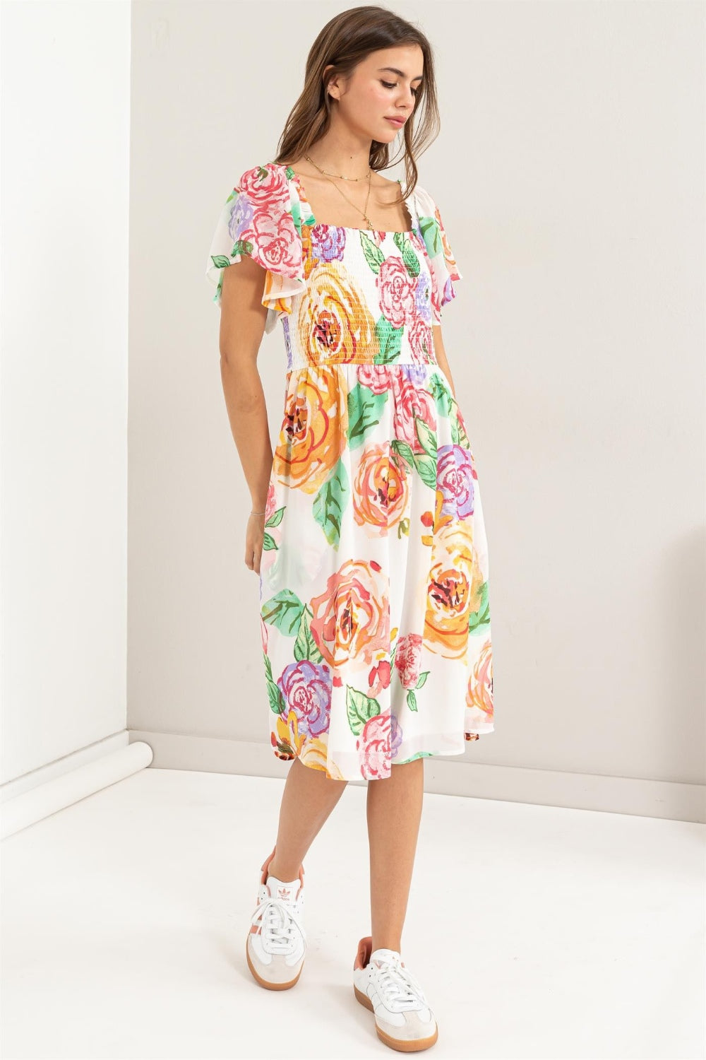 HYFVE Rosé All Day Floral Flutter Sleeve Smocked Dress
