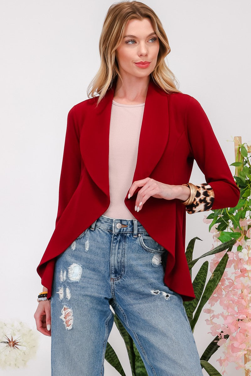Celeste Conquer Yourself Rolled Leopard Cuff Open Front Blazer in Burgundy