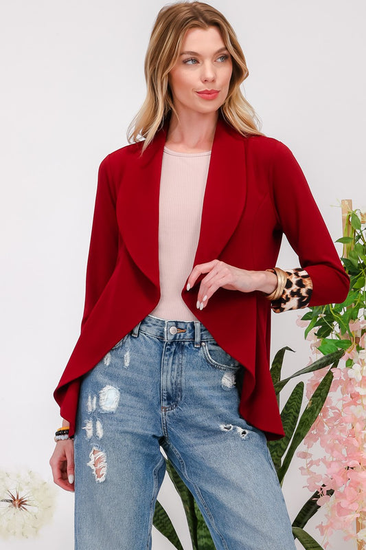 Celeste Conquer Yourself Rolled Leopard Cuff Open Front Blazer in Burgundy
