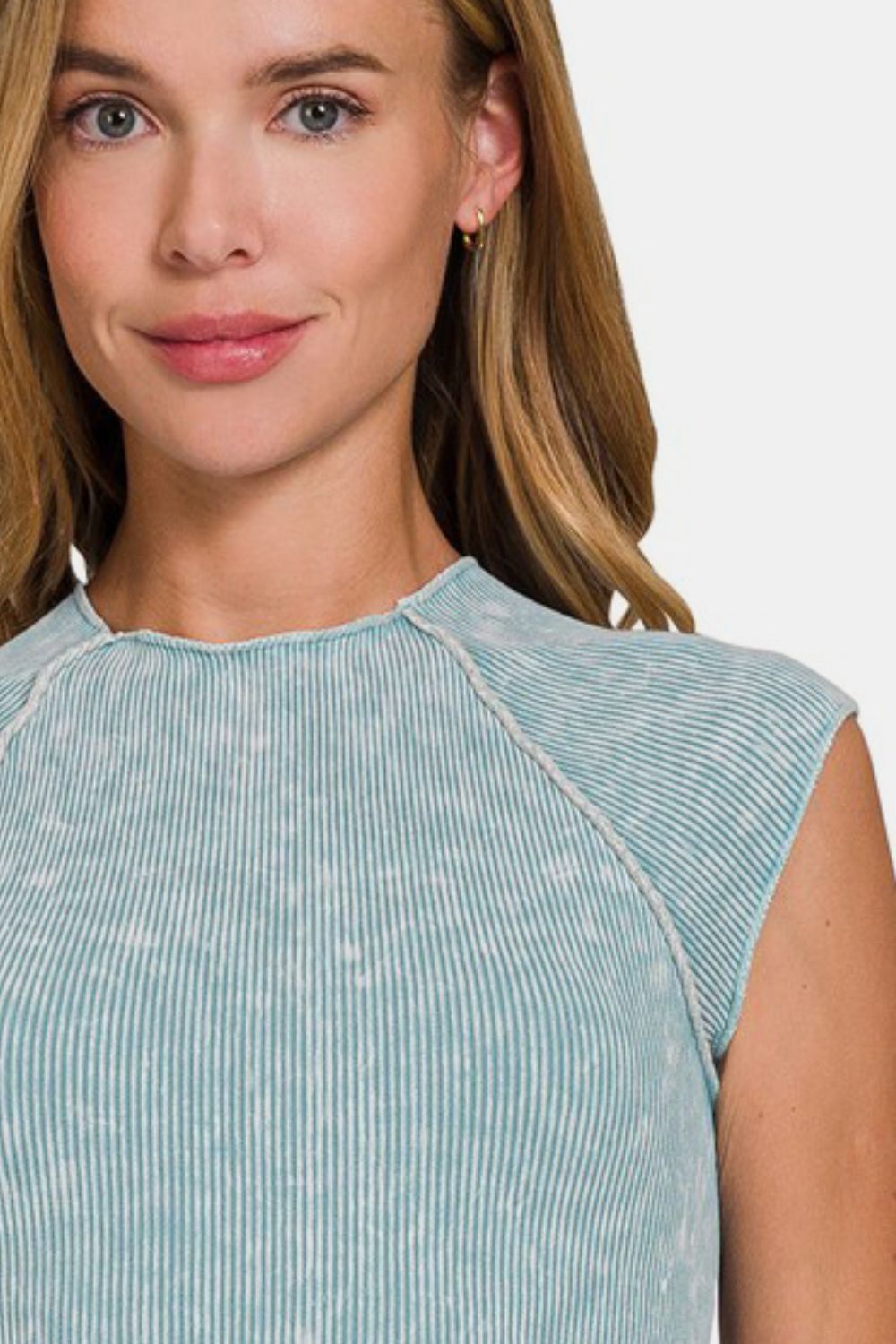 Zenana Back At It Again Ribbed Round Neck Cropped Top in Blue Grey