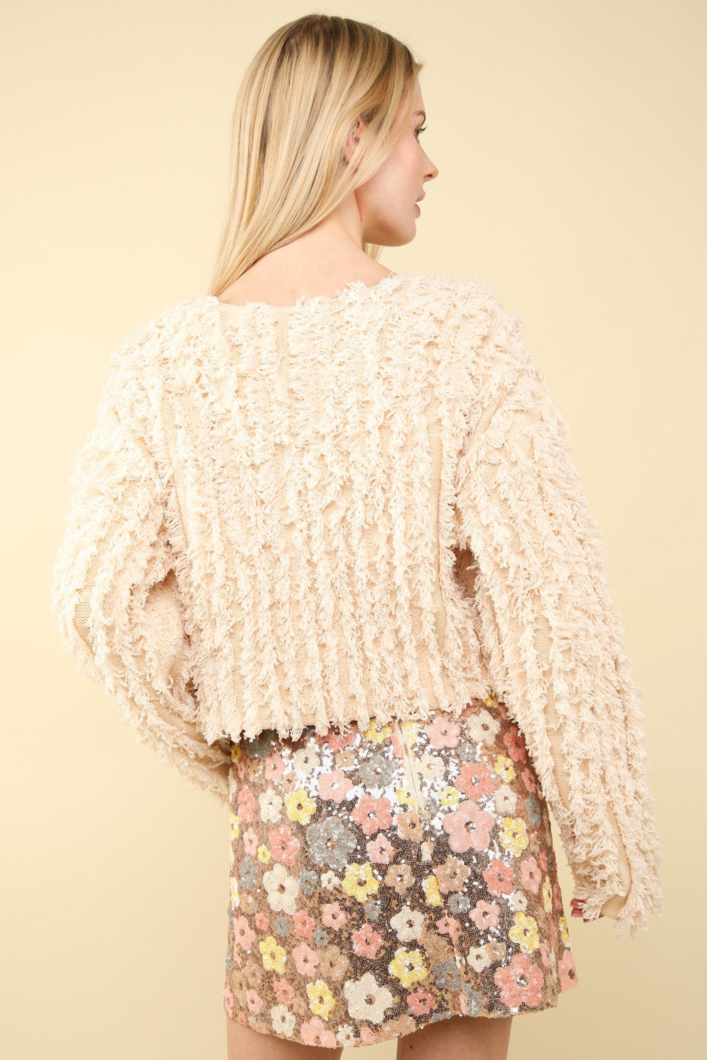 VERY J Feeling Fuzzy and Fabulous Shaggy Yarn Knit Zip Up Jacket in Cream