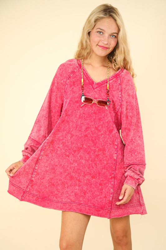 VERY J Oversized Memories Mineral Washed Oversized A-Line Mini Dress in Magenta