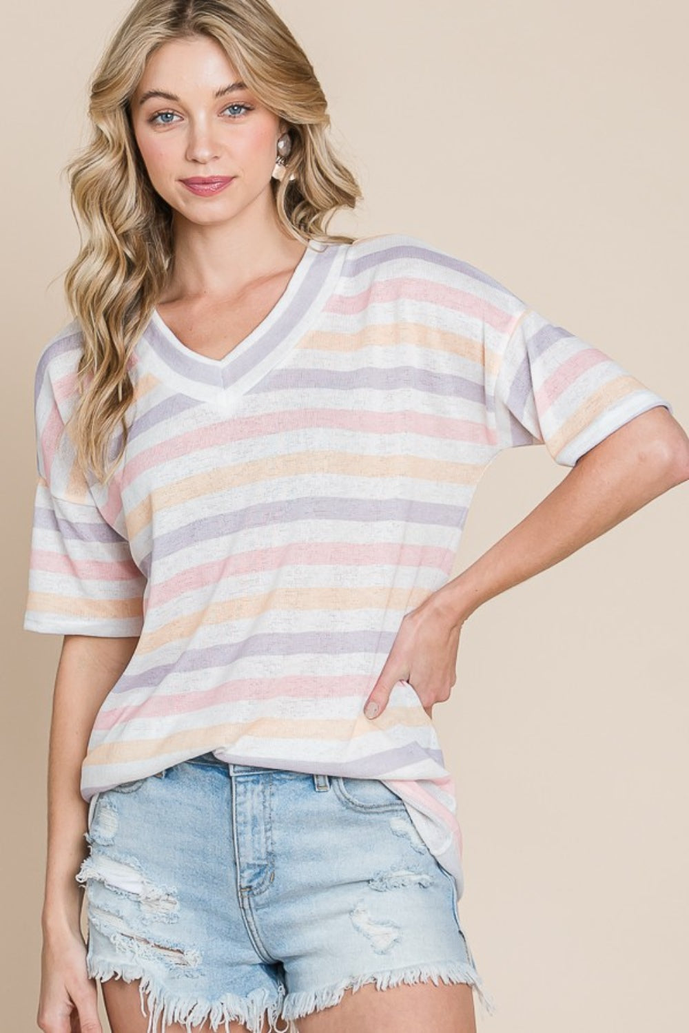 BOMBOM A Bright Start Striped V-Neck Short Sleeve T-Shirt