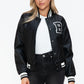 Love Me Now Bring The Love PU Leather Contrast Snap Down Bomber Jacket in Midnight/Black