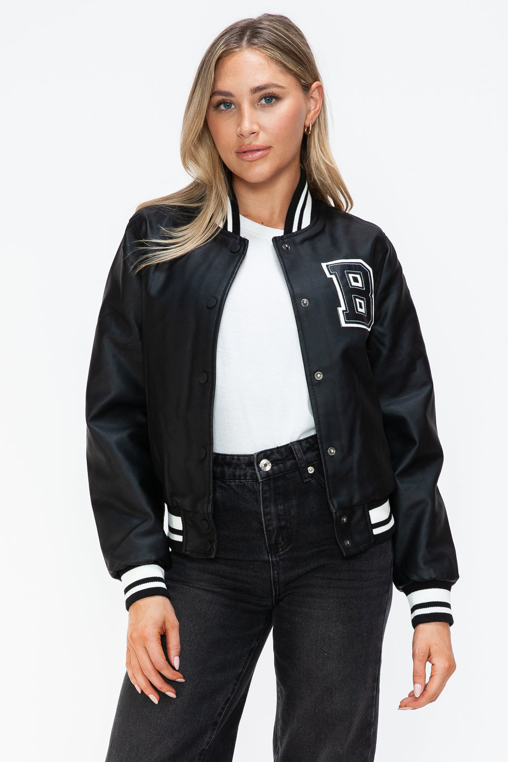 Love Me Now Bring The Love PU Leather Contrast Snap Down Bomber Jacket in Midnight/Black