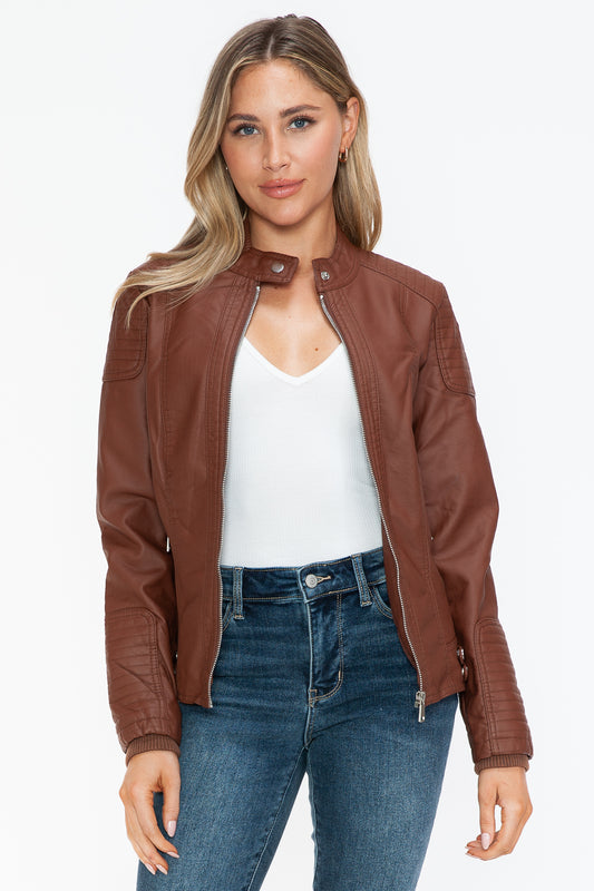 Snobbish A Wild Ride Faux Leather Biker Jacket with Side Zip Pockets in Brandy