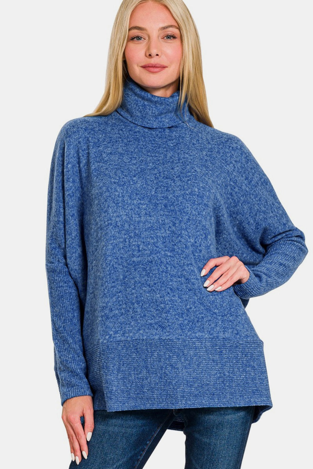 Zenana Never Let You Go Brushed Melange Hacci Turtleneck Sweater in Light Navy