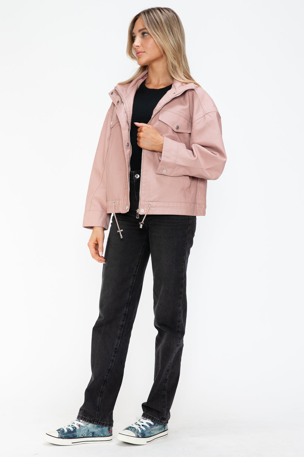 How Dare U My Favorite Layer Drawstring Hem PU Leather Zip Up Jacket in Mauve