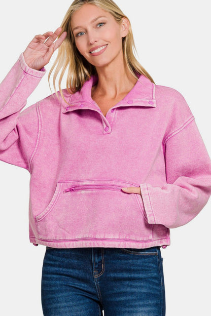 Zenana Cozy In The Cabin Acid Wash Fleece Half Snap Sweatshirt with Pocket in Mauve