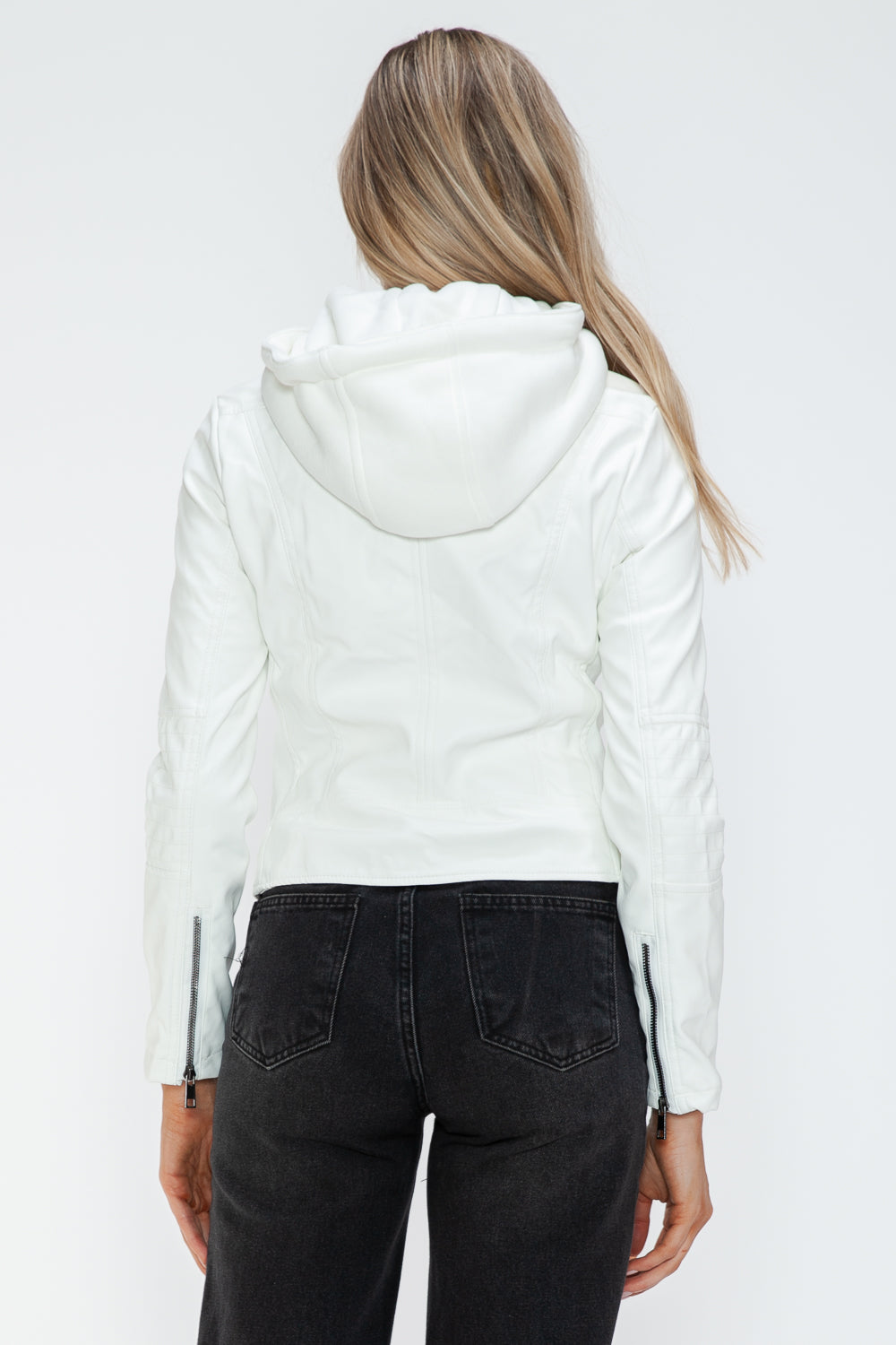 Snobbish Embrace The Day Faux Leather Zip Up Drawstring Hooded Jacket in White