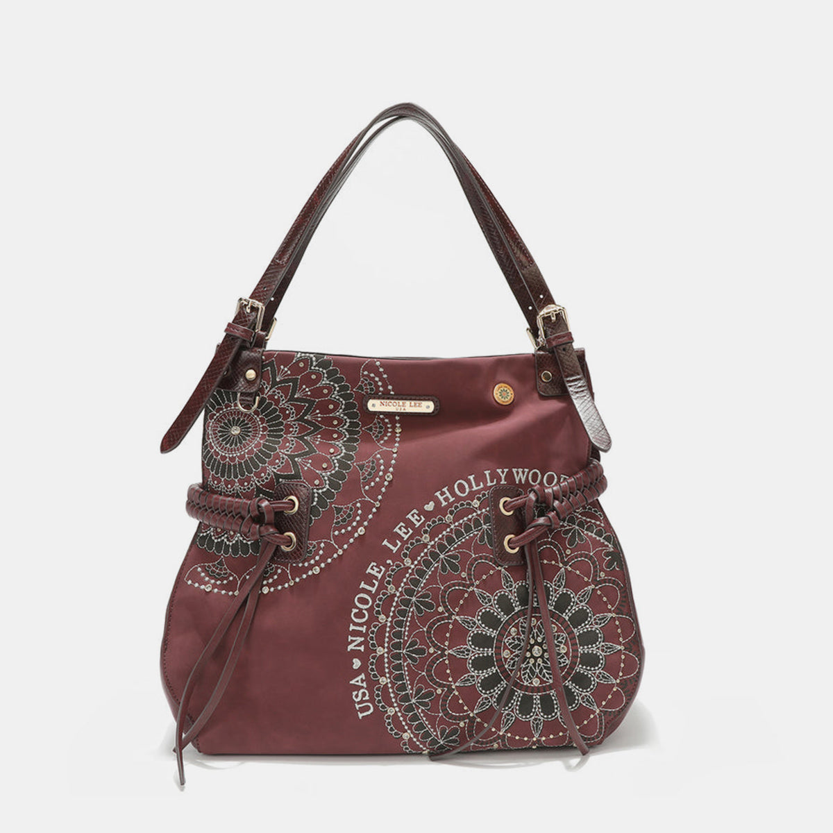 Nicole Lee USA Free Spirit Side Braided Tassel Inlaid Rhinestone Embroidery Hobo Bag