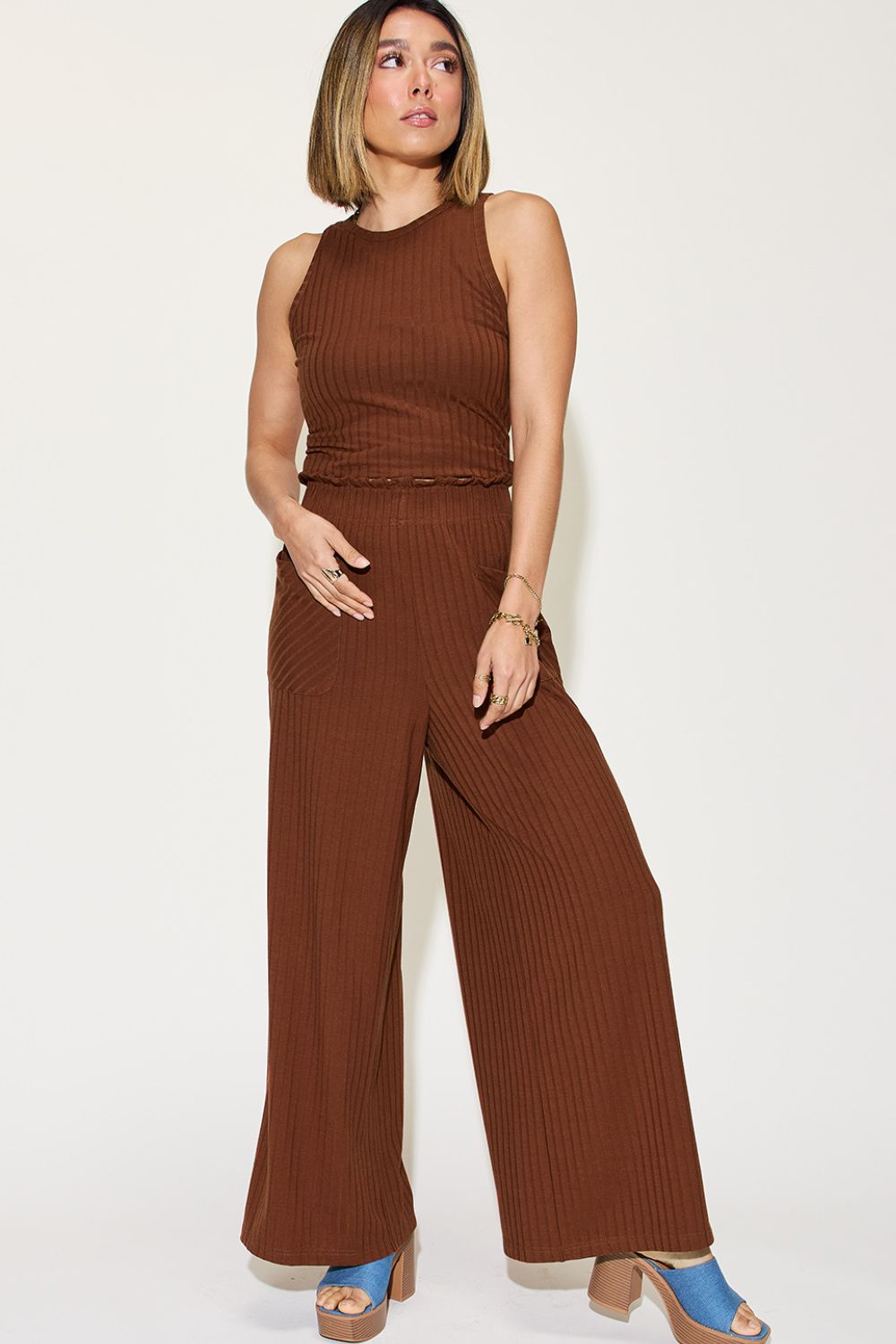 Basic Bae A Fresh Start Ribbed Tank and Wide Leg Pants Set