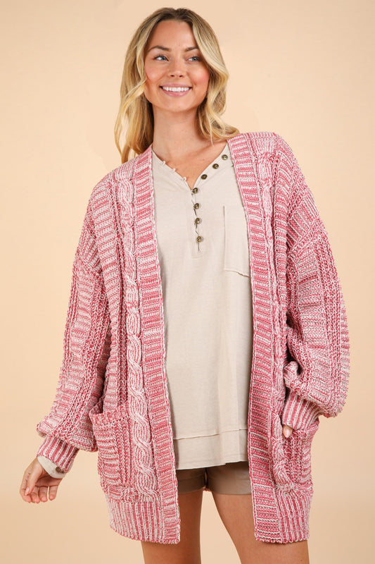 VERY J Stay Cozy Cable Knit Open Front Cardigan with Pockets