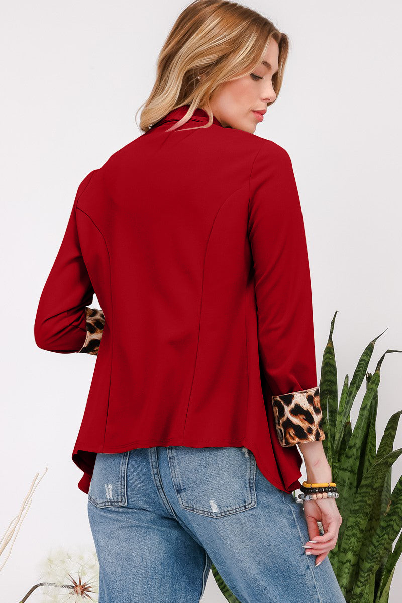 Celeste Conquer Yourself Rolled Leopard Cuff Open Front Blazer in Burgundy