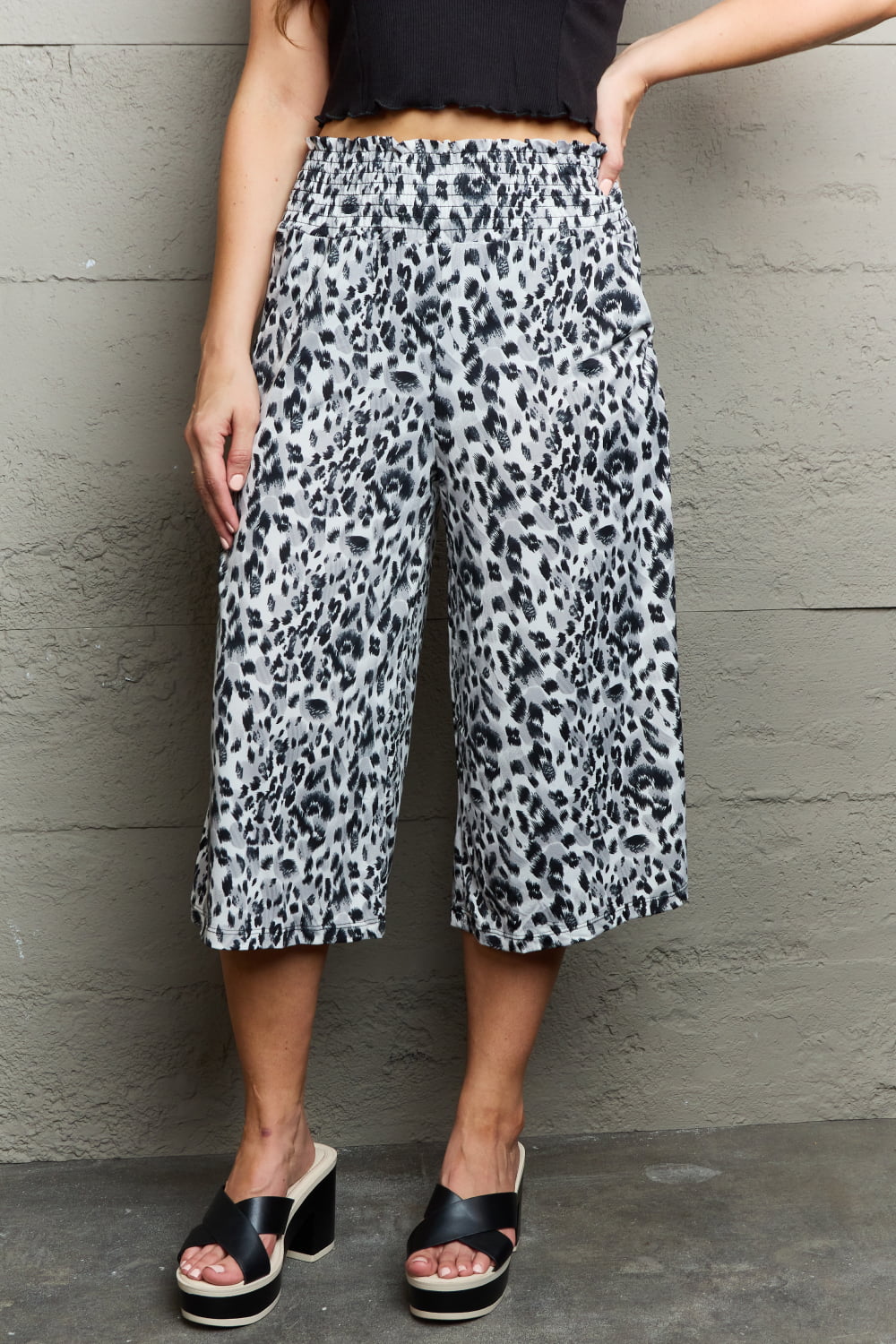 Ninexis Mix It Up High Waist Flowy Wide Leg Pants with Pockets In Grey Leopard