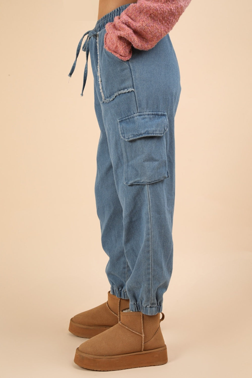 VERY J Good Vibes Washed Drawstring Jogger Cargo Jeans in Indigo