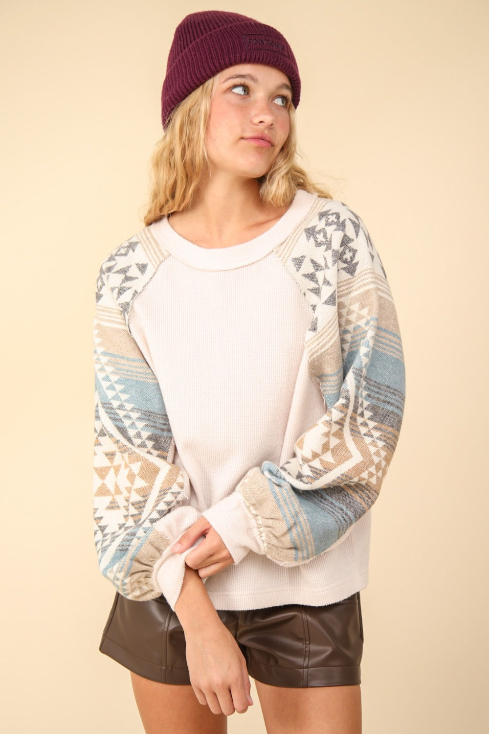 VERY J Steal The Show Printed Long Sleeve Knit Top in Cream