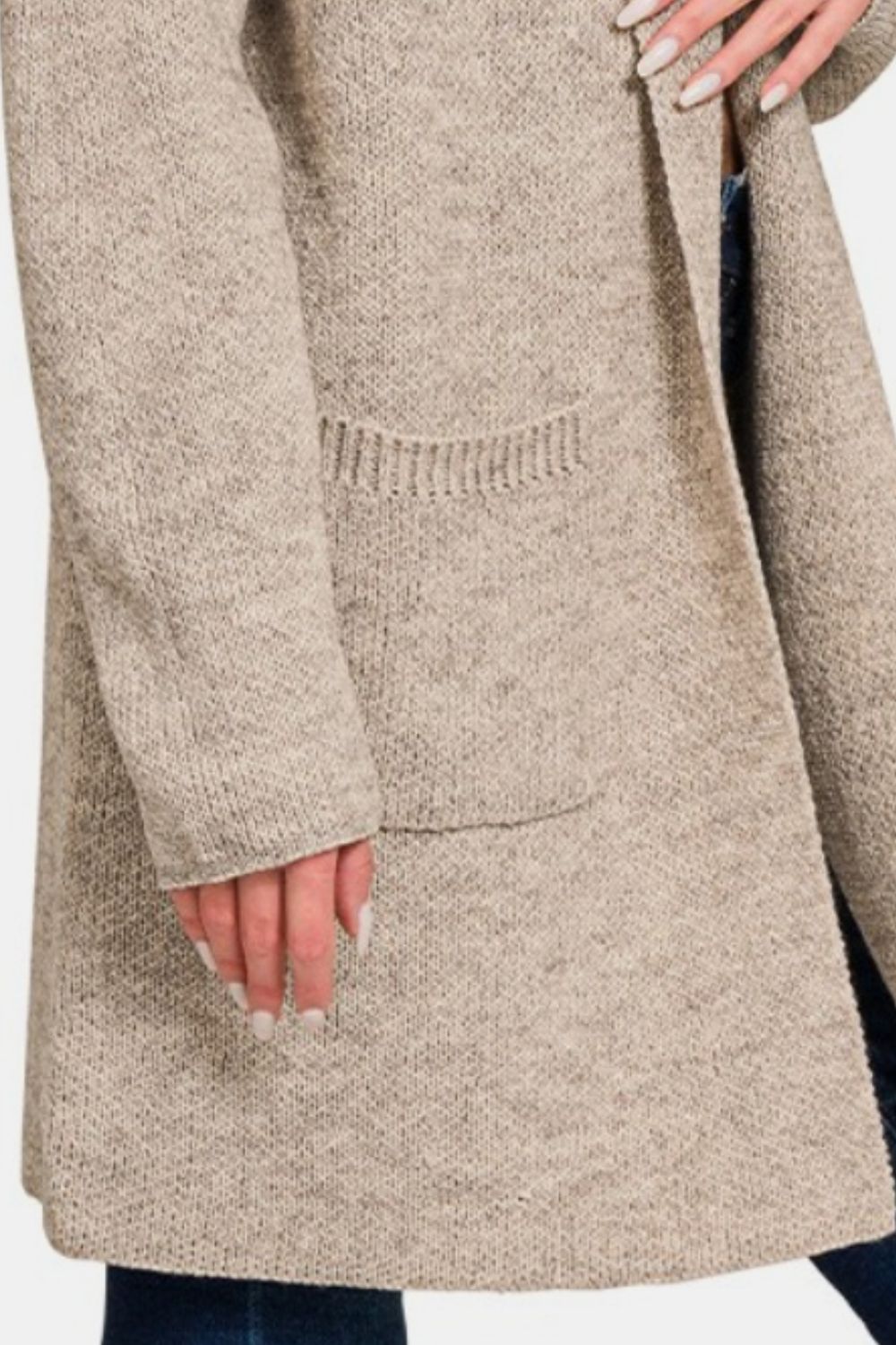 Zenana My Way Hooded Open Front Sweater Cardigan in Heather Mocha