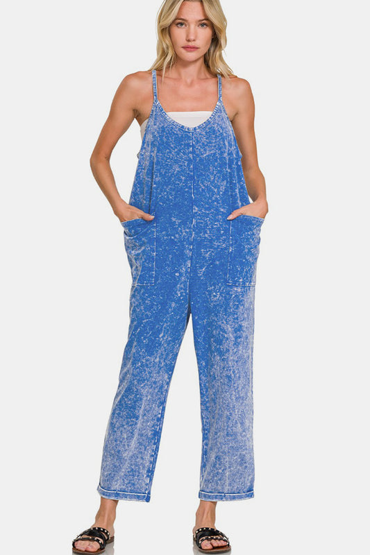 Zenana Oh Hey Funday Washed Spaghetti Straps Overalls with Pockets in Classic Blue