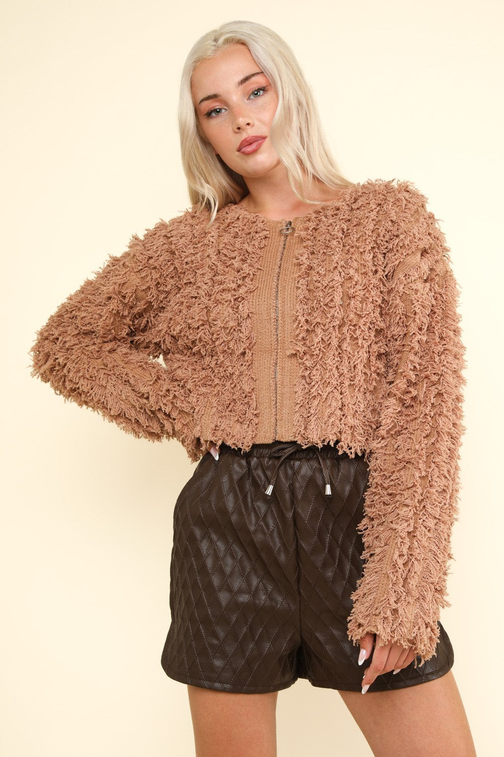 VERY J Feeling Fuzzy and Fabulous Shaggy Yarn Knit Zip Up Jacket in Mocha