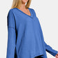 Zenana All About Details Texture Exposed Seam V-Neck Long Sleeve T-Shirt in Classic Blue