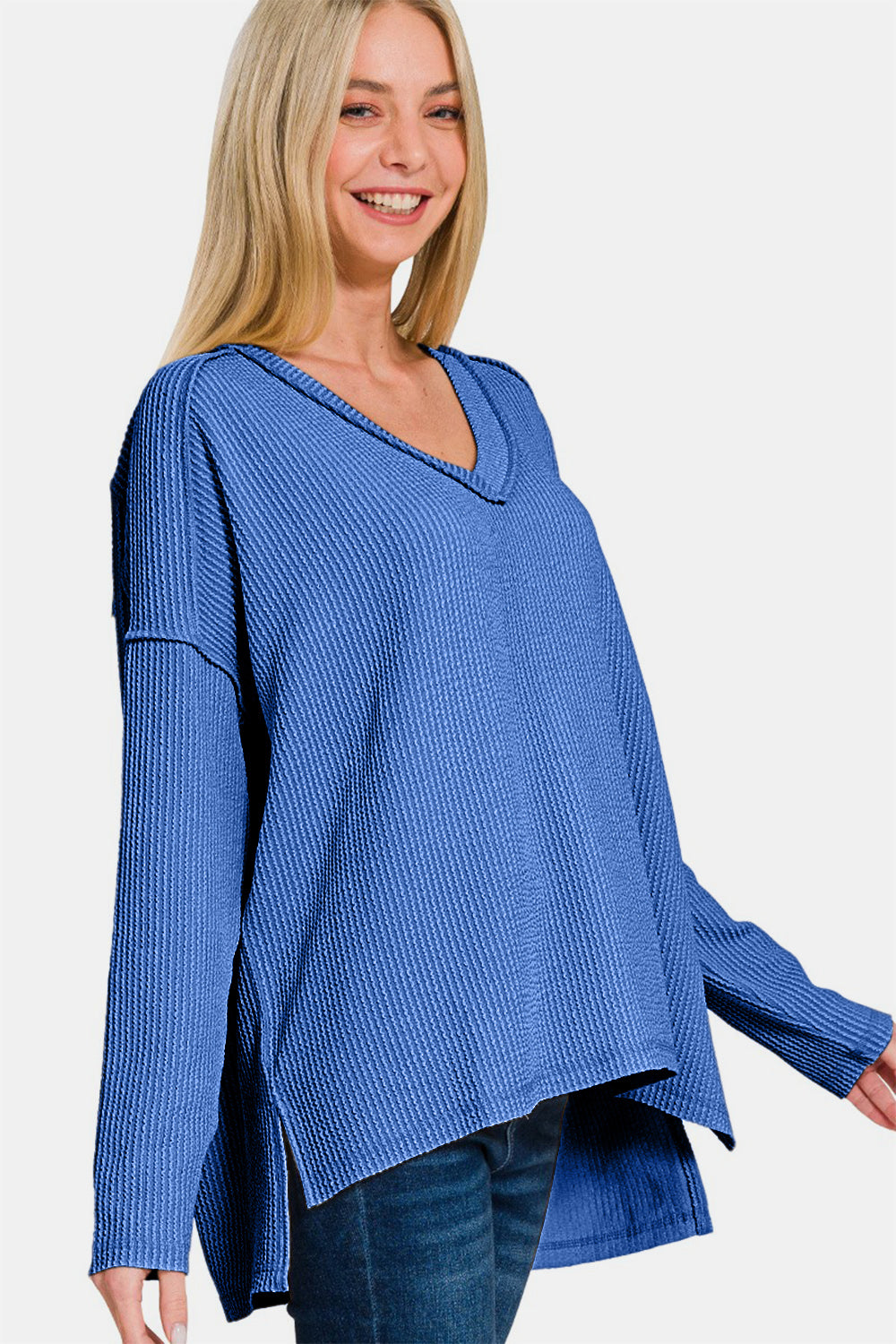 Zenana All About Details Texture Exposed Seam V-Neck Long Sleeve T-Shirt in Classic Blue