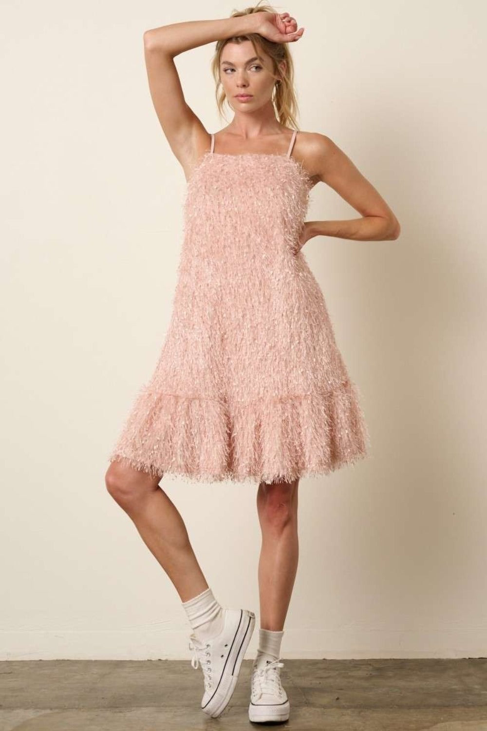 Mittoshop Feathers Don't Ruffle Feather Ruffle Hem Mini Cami Dress in Blush