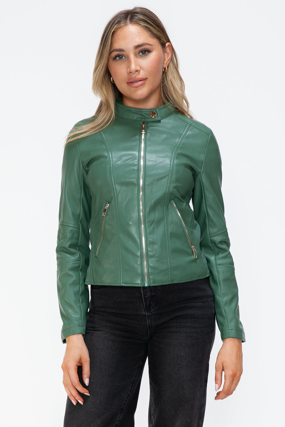 Snobbish Embrace The Day Faux Leather Zip Up Drawstring Hooded Jacket in Sage