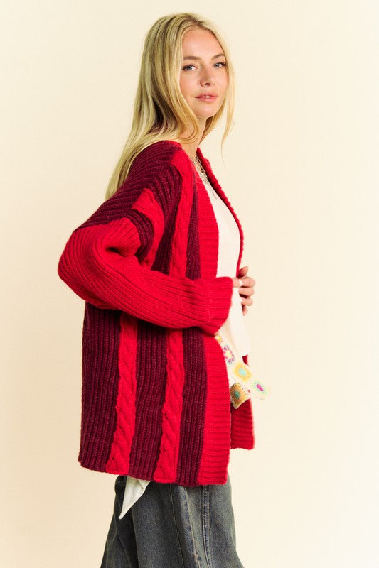 Davi & Dani Festive and Cozy Cable-Knit Color Block Open Front Cardigan
