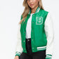 Love Me Now Bring The Love PU Leather Contrast Snap Down Bomber Jacket in Green/Milk