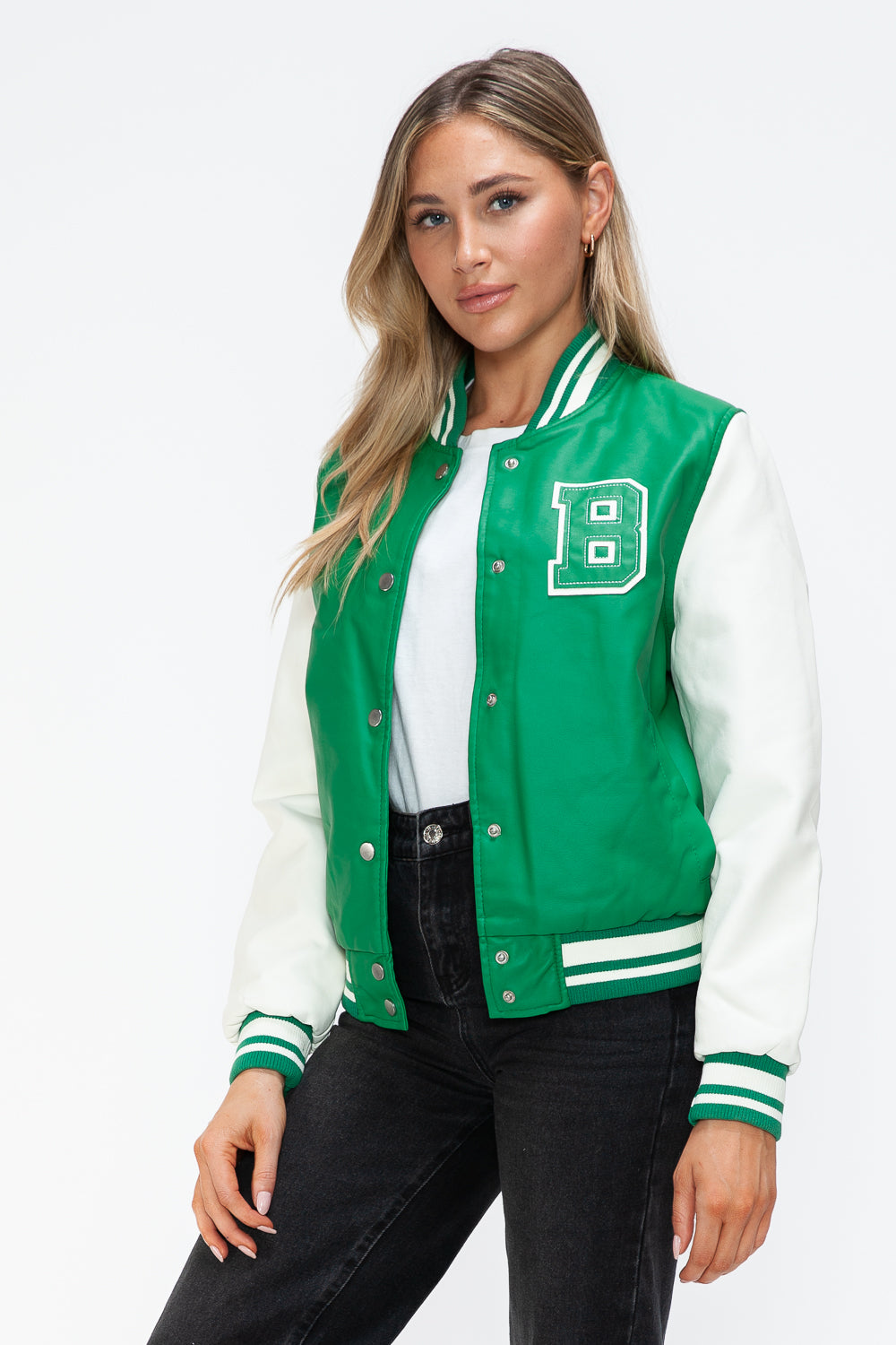 Love Me Now Bring The Love PU Leather Contrast Snap Down Bomber Jacket in Green/Milk