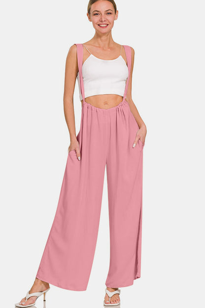 Zenana My Vibe Pocketed Wide Strap Wide Leg Overalls in Light Rose