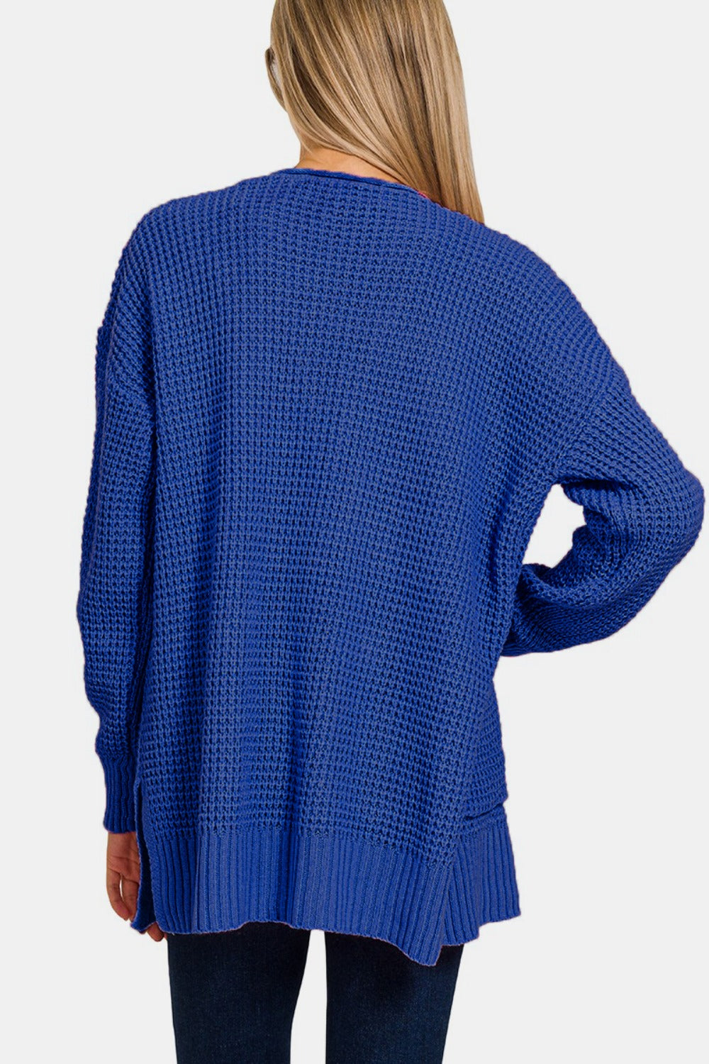 Zenana Chilly Days Waffle Open Front Sweater Cardigan in Light Navy