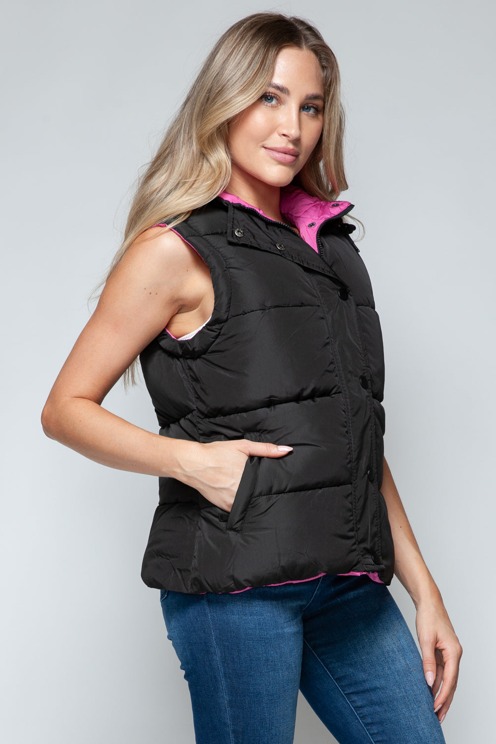 Snobbish Cute and Cozy Snap and Zip Closure Hooded Vest in Black/ Rose Violet