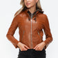 Snobbish Embrace The Day Faux Leather Zip Up Drawstring Hooded Jacket in Camel