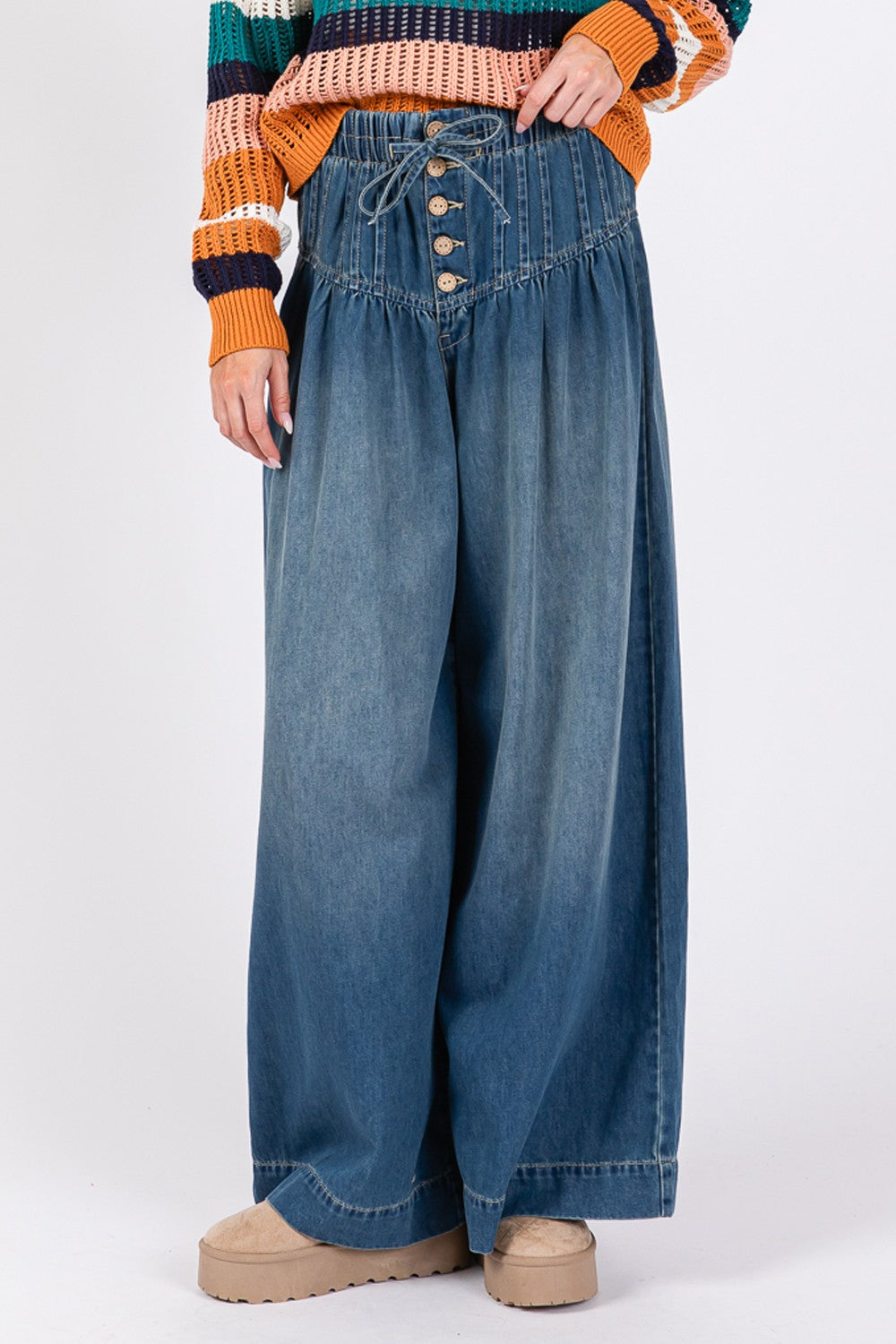 SAGE+FIG On The Move Smocked Waist Band Wide Leg Jeans