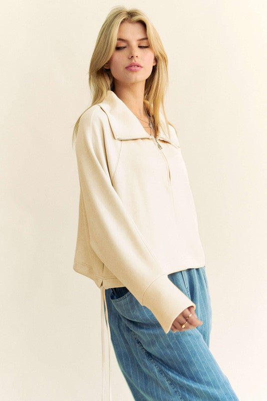 Davi & Dani Good Vibes Only Drawstring Hem Half Zip Raglan Sleeve Sweatshirt in Ivory
