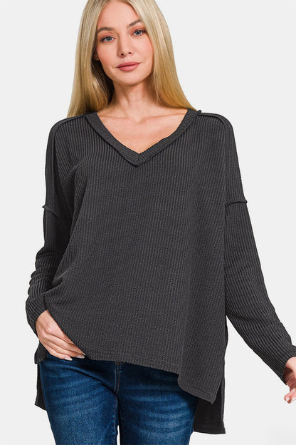 Zenana All About Details Texture Exposed Seam V-Neck Long Sleeve T-Shirt in Black